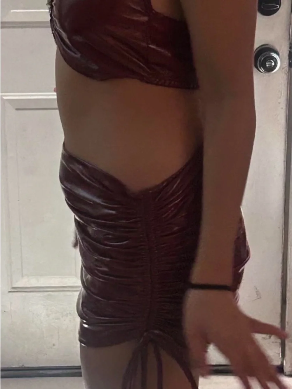 chic Burgundy Faux Leather Ruched Mini Skirt with Side Tie